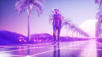 synthwave pano de fundo com caminhando personagem video