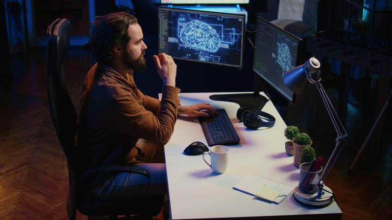 Computer scientist writes code on PC to visualize artificial ...