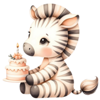 ai gerado desenho animado animal aguarela com aniversário bolo png