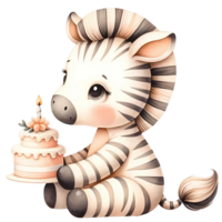 AI generated Cartoon animal watercolor with birthday cake png