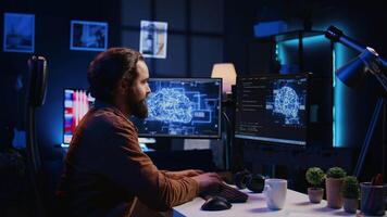 Computer scientist updating artificial intelligence neural networks, drinking coffee and writing code scripts in personal office. IT expert enjoying hot beverage while running AI simulations, camera B video