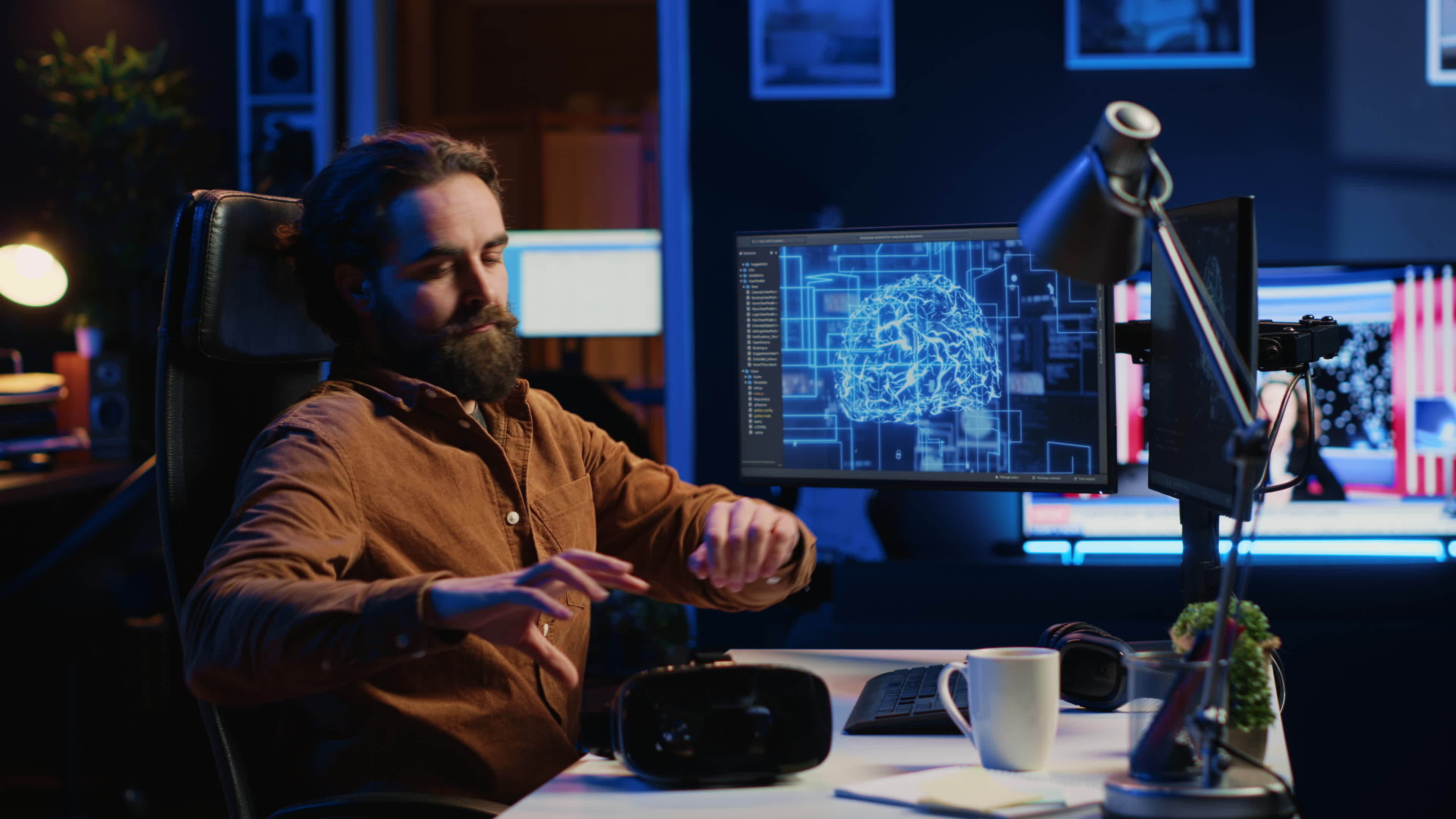 Computer scientist wearing VR glasses panicking after AI gains ...