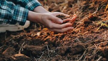 topo Visão do solo dentro mãos para Verifica a qualidade do a solo para ao controle solo qualidade antes semente plantar. futuro agricultura conceito. inteligente agricultura, usando moderno tecnologias dentro agricultura video