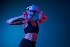 athletic girl doing sports online in VR glasses on a dark background, online sports training photo