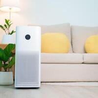 aire purificador en acogedor vivo habitación. purificación sistema para filtrar y limpieza o quitando polvo pm2.5 hepa y virus en hogar. alergia, puro aire, salud estilo de vida, bienestar vida y aire contaminación foto