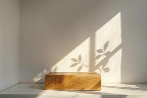 AI generated Empty Minimal Natural Wooden Table Counter Podium with Beautiful Wood Grain in Sunlight and Shadow on White Wall for Luxury Cosmetic Skincare Beauty Treatment Decoration Background photo