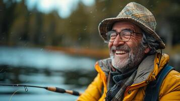 AI generated Smiling Man With Hat and Glasses Holding Fishing Rod photo