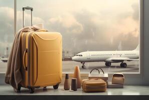 AI generated an airplane is flying over a picture, and luggage is shown in the window photo