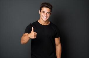 AI generated young man showing thumbs up in dark t shirt photo