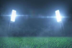 Football stadium with green grass lawn with shining spotlights at night with fog. Free space for design and text. Betting creative photo