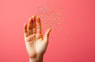 AI generated a woman's hand is reaching towards some bright confetti with an orange background photo