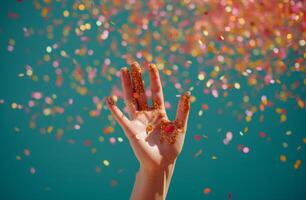 AI generated a woman's hand is reaching towards some bright confetti with an orange background photo