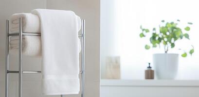 AI generated a towel stand showing a white towel inside a bathroom photo