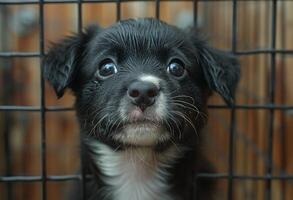 ai generado un pequeño negro y blanco perrito en un jaula foto