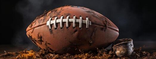 AI generated a dirty football is sitting on a dark background photo