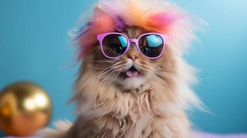 AI generated A humorous cat is celebrating while wearing festive birthday sunglasses photo