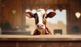 AI generated a cow stands behind a wooden table photo