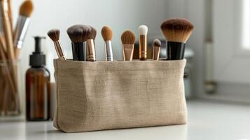 AI generated A minimalist shot of an unbranded makeup bag with simple and clean lines photo