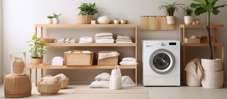 AI generated a laundry room filled with laundry machines, laundry machines and plants photo