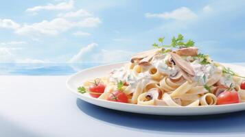 AI generated fettuccine noodles with ham and mushrooms in light gray sauce on table photo