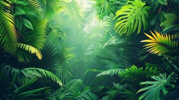 AI generated A tropical rainforest, characterized by towering trees and dense greenery photo