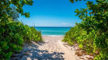 AI generated A sandy path leading to the beach, with lush greenery on either side and a clear blue sky photo