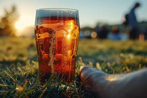 AI generated a beer glass is sitting in the grass outside an stadium photo