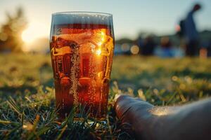 ai generado un cerveza vaso es sentado en el césped fuera de un estadio foto