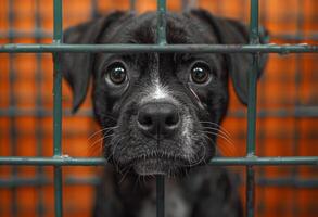 ai generado un negro y blanco perrito en un jaula mirando fuera de el ventana foto