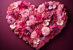 AI generated a pink flower heart arranged in pink flower motifs photo