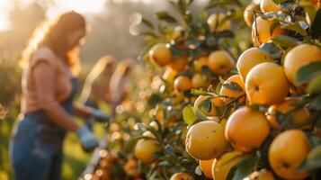 AI generated people picking fresh, ripe fruits at a colorful fruit orchard, with the sun shining photo