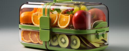 AI generated a clear plastic lunch box, featuring sliced fruit and snacks photo