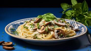 ai generado fetta pasta en un seta salsa servido en un azul plato y adornado con hongos y albahaca verde foto