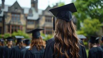 ai generado grande grupo de personas en graduación tapas y vestidos foto