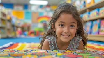 ai generado pequeño niña tendido en Tienda piso foto