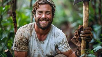 ai generado hombre participación grande hacha en bosque foto