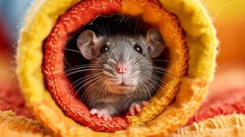 AI generated Gray Rat Sitting Inside Colorful Tunnel photo