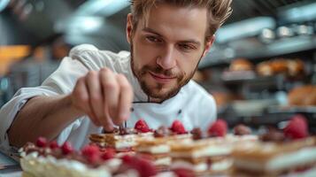 ai generado cocinero corte pastel con frambuesas foto