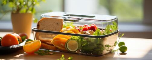 ai generado un almuerzo caja con fruta, un pan y vegetales en un plano mesa foto