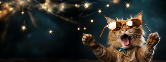 AI generated A humorous cat is celebrating while wearing festive birthday sunglasses photo