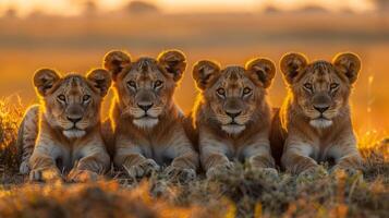 AI generated Three Lions Sitting in Grass Field photo