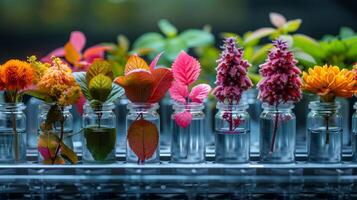 AI generated Row of Glass Vases Filled With Colorful Flowers photo