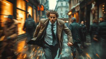 AI generated Man Running Down Street in Rain photo