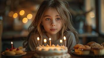 ai generado pequeño niña sentado en frente de cumpleaños pastel con iluminado velas foto