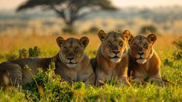 ai generado Tres leones sentado en césped campo foto