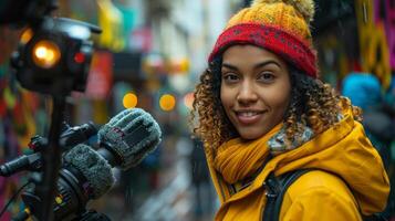 AI generated Woman Standing in Front of Wall With Camera photo