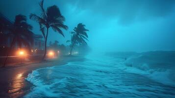 ai generado personas caminando en playa en lluvia foto