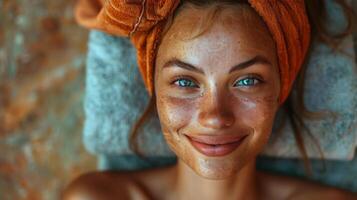 ai generado mujer cubierto en agua gotas foto