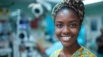 AI generated Woman in Scrubs Smiles at the Camera photo