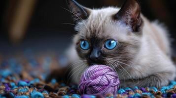 ai generado juguetón gato con azul ojos y hilo pelota foto